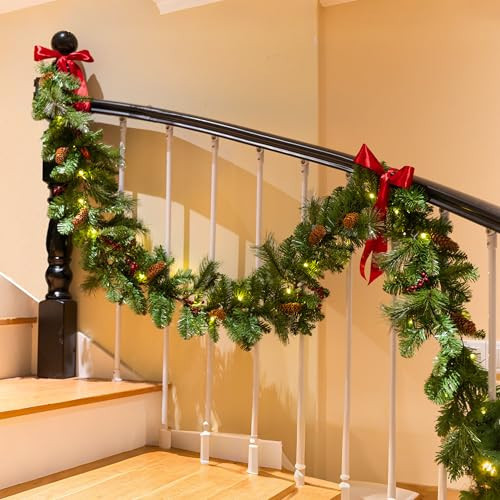 9 Feet Christmas Garland - Christmas Decorations - Carolina Pine Garland for Table,Mantle,Fireplace Indoor Outdoor-Green Garland for Christmas Decorations - Holiday Decor -Free Battery LED Lights | Amazon (US)