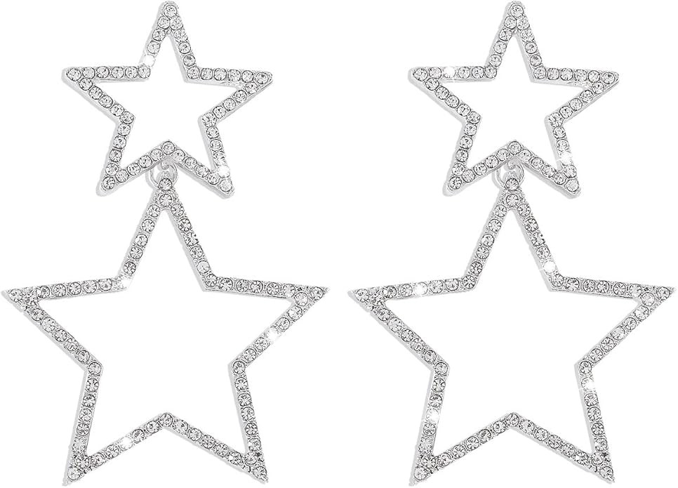 Star Earrings for Women Sparkle Silver Star Drop Earrings Rhinestone Big Star Dangle Earrings Hol... | Amazon (US)