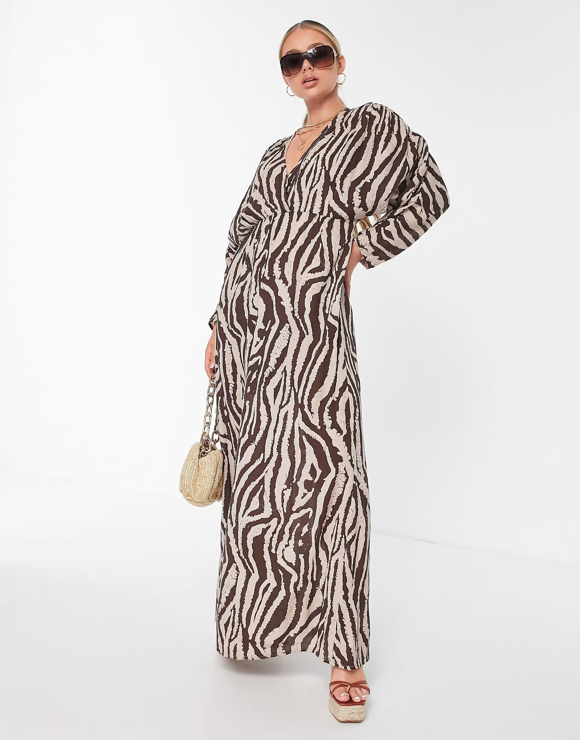 ASOS DESIGN ruched long sleeve plunge crinkle beach maxi dress in animal print | ASOS (Global)