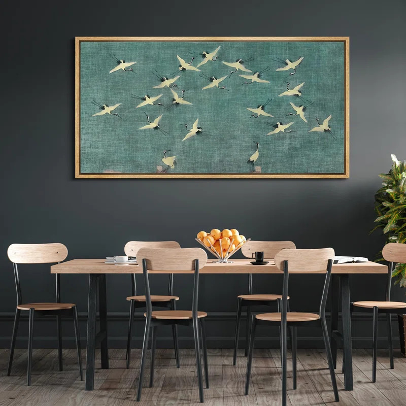 Serene Sky Cranes In Flight On Teal Rustic Artwork Extra Large Pictures Framed Canvas Print Wall ... | Wayfair North America