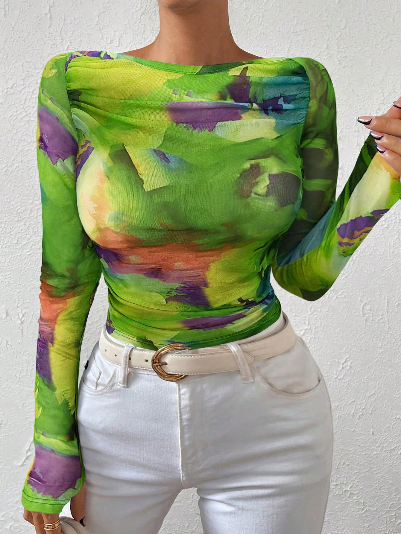 SHEIN BAE Tie Dye Ruched Side Mesh Top | SHEIN