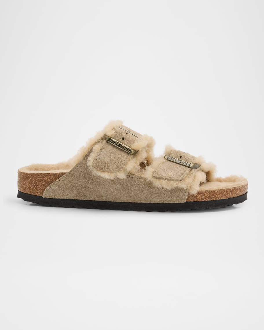 Arizona Suede Shearling Dual-Buckle Slide Sandals | Neiman Marcus