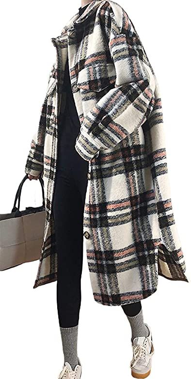 CHARTOU Women's Lightweight Spread Collar Wool Blend Plaid Midi Long Shacket Trench Coat | Amazon (US)