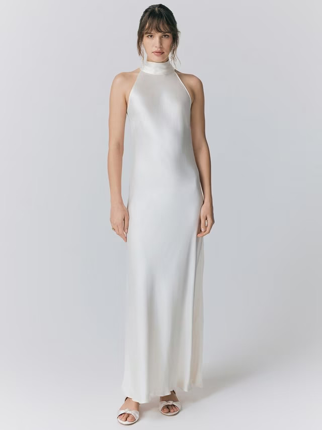 GhostAmaia Halterneck Satin Midi Dress, Ivory | John Lewis (UK)
