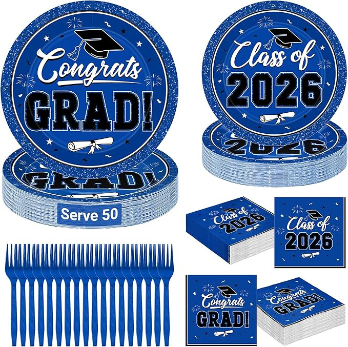 200Pcs Graduation Decorations 2026, Blue Graduation Plates and Napkins Party Supplies for 50 Gues... | Amazon (US)