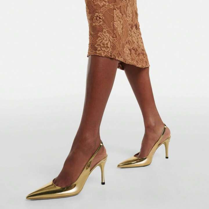 Women Slingback Pumps Shoes Glossy Casual Fashion High Heels Slip On Kitten Heel Office Shoes Poi... | SHEIN