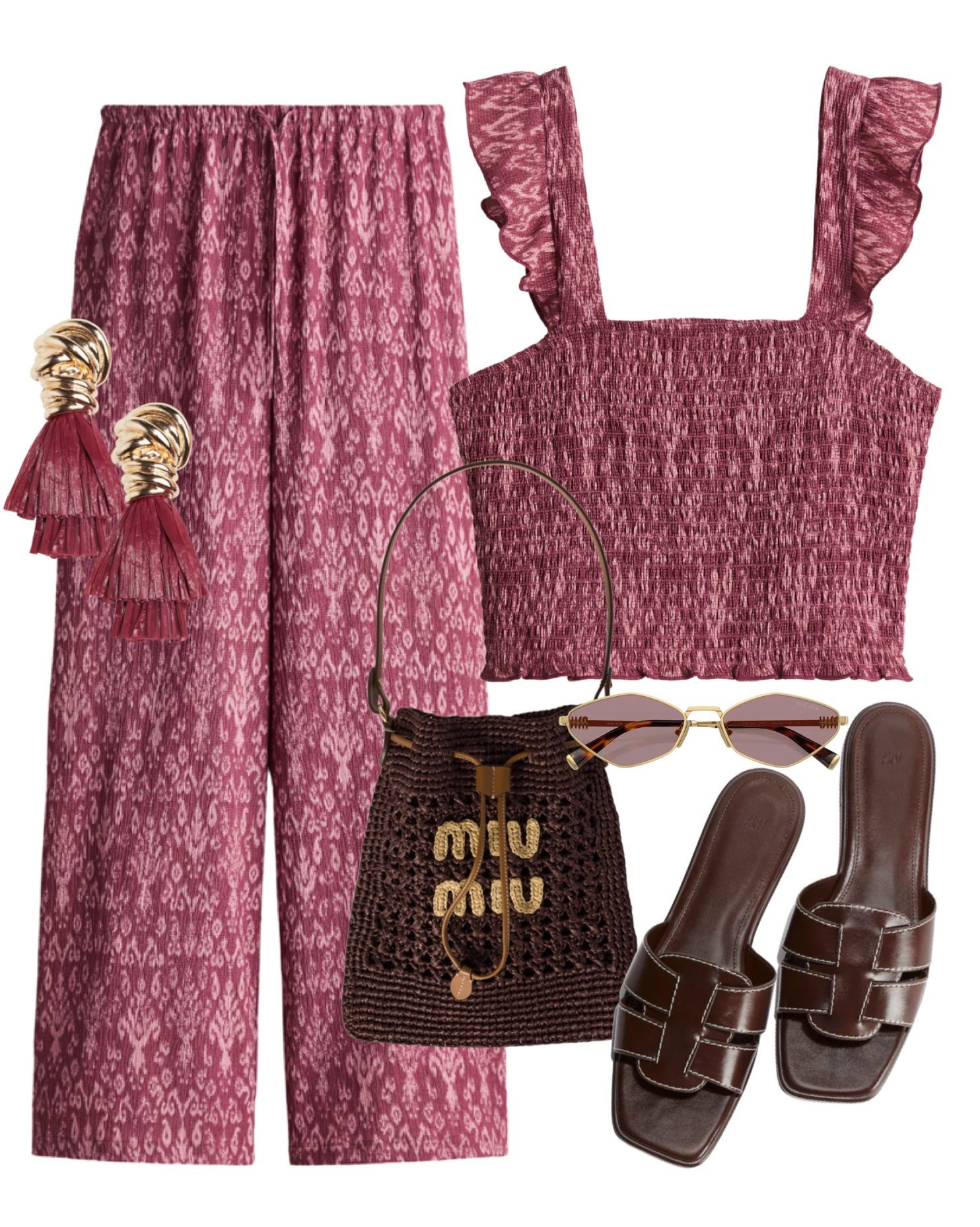 Summer co ord set, crop top and matching trousers, brown slide sandals, Miu Miu crochet tote bag, tassel earrings, Miu Miu sunglasses. Matching set, summer look, holiday outfit, vacation style.  