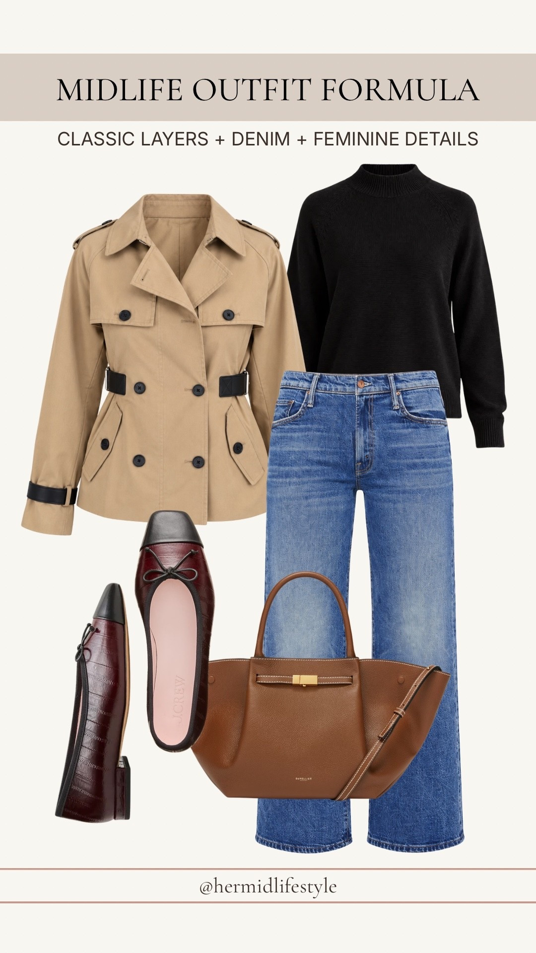 This classic fall outfit is all about simple layers, black turtleneck, denim, and a tailored tan jacket. I love the feminine touch of the burgundy ballet flats and how the brown accessories pull everything together. I’ll also tag another option for this look.

#LTKootd #LTKgrwm #LTKOver40