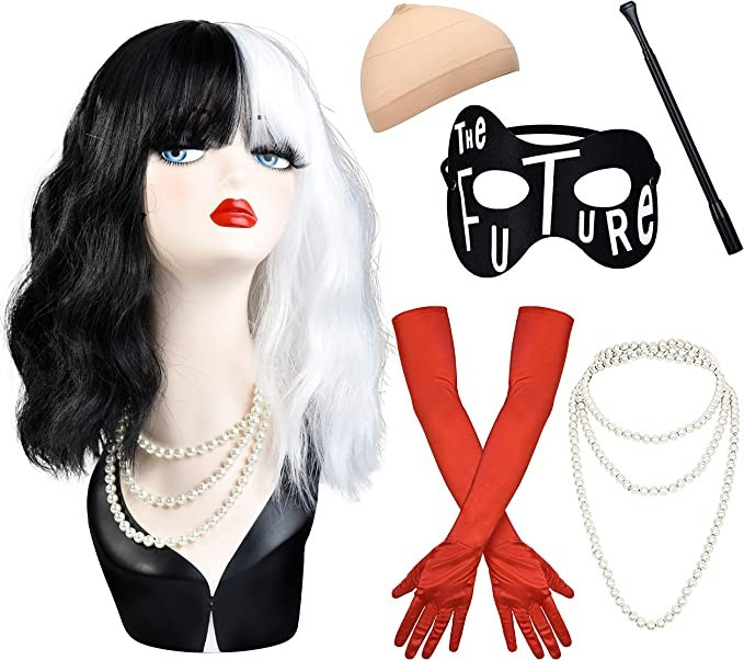 Amazon.com: Zivyes Cruella Deville Costume Women Halloween Costumes Black and White Wig Red Glove... | Amazon (US)