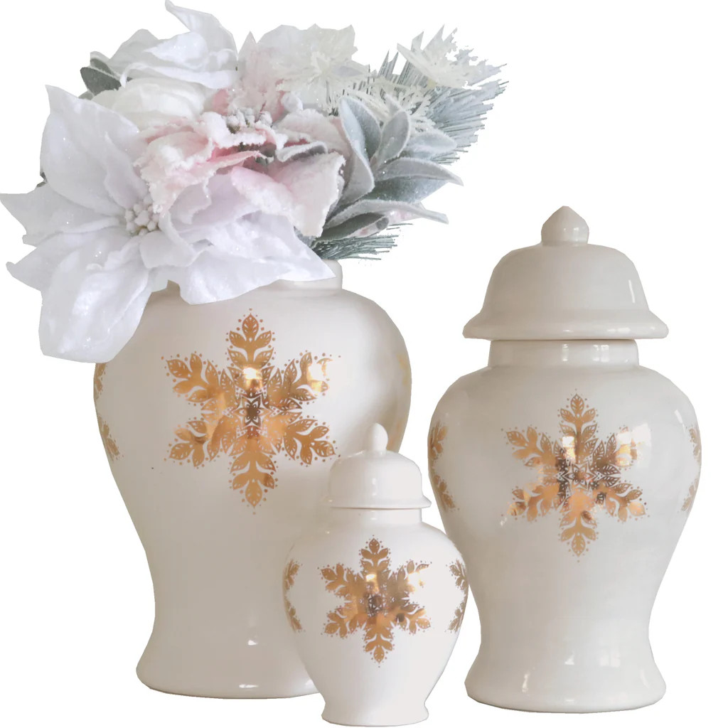 Beige Snowflake Ginger Jar with 22K Gold Accents | Lo Home by Lauren Haskell Designs