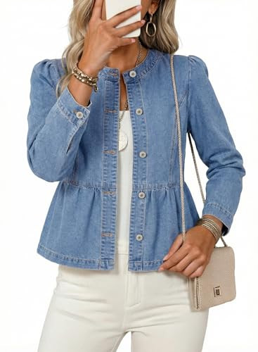 Dokotoo Cropped Jean Jacket Women Button Down Long Sleeve Collarless Cinched Waist Denim Jackets | Amazon (US)