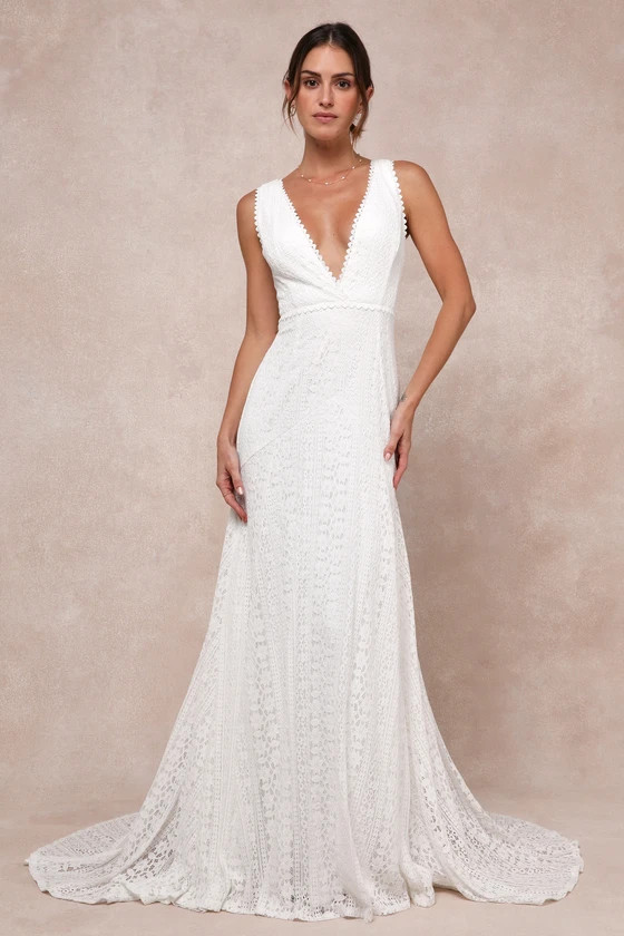 Infinite Bliss Ivory Lace Sleeveless Backless Trumpet Maxi Dress | Lulus