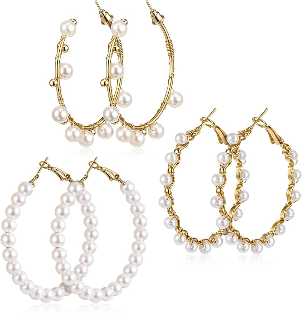3 Pairs Pearl Hoop Earrings for Women, Large Pearl Hoops Drop Earrings Dangle Gifts for Women Whi... | Amazon (US)