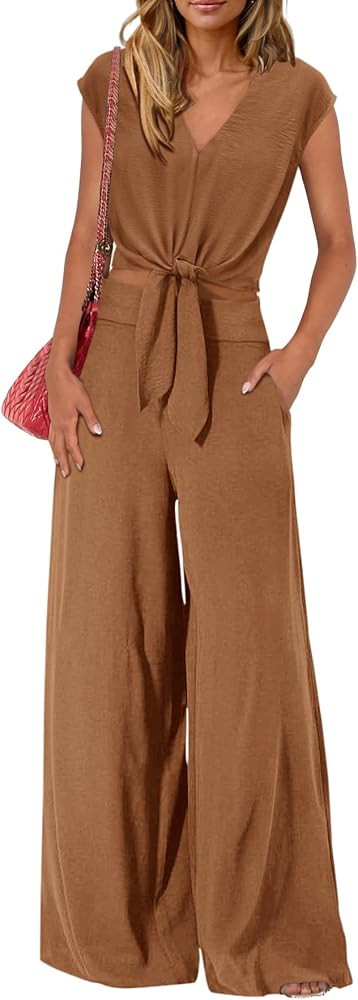 PRETTYGARDEN Women's Summer 2 Piece Outfits 2026 Cap Sleeve V Neck Belted Crop Tops Wide Leg Pant... | Amazon (US)