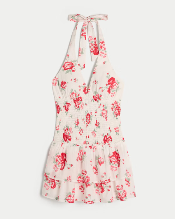 Double-Tier Smocked Halter Skort Dress | Hollister (US)