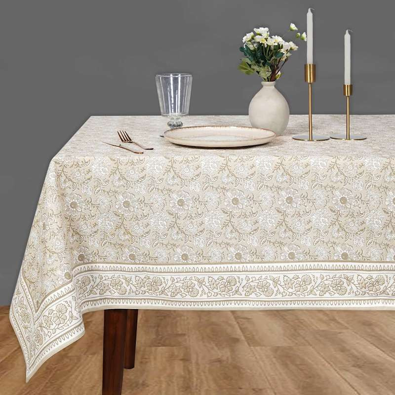 Taupe Floral Printed Tablecloth with Border, 60x84 | At Home