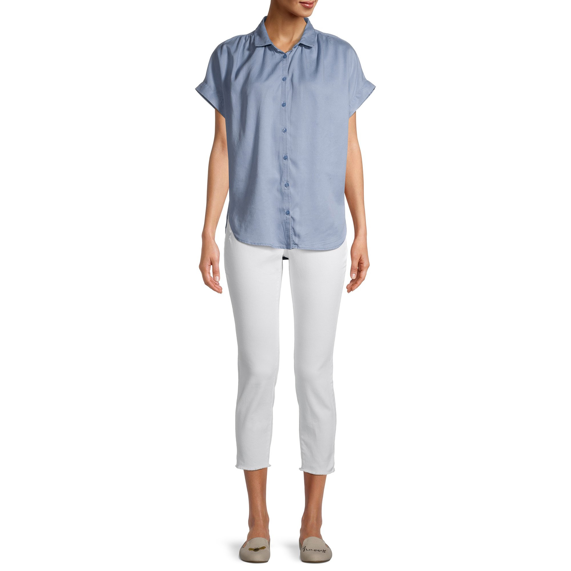 Time and Tru Women's Short Sleeve Button Front Shirt | Walmart (US)
