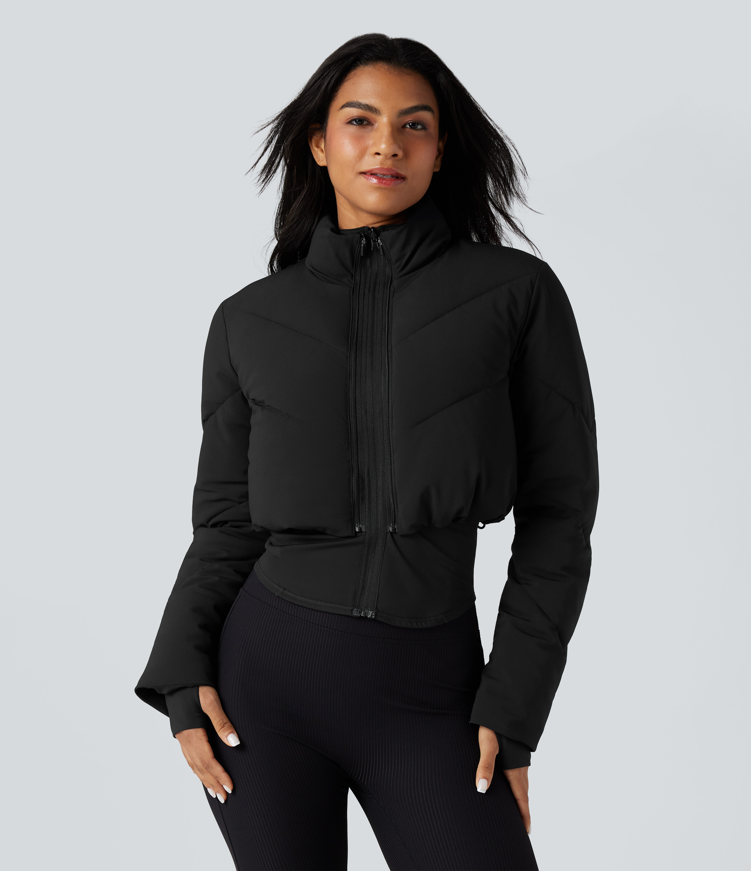 Halara 3-in-1 Stand Collar Casual Cropped Puffer Coat & Thumb Holes Curved Hem Jacket with Pocket - Black - L | HALARA