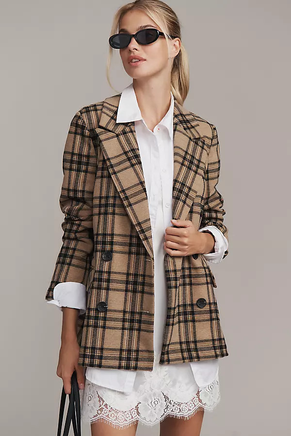 Double-Breasted Knit Plaid Blazer Jacket | Anthropologie (US)