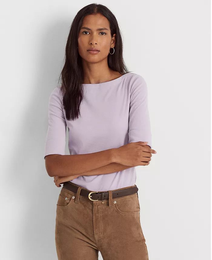 Lauren Ralph Lauren Stretch Cotton Boatneck T-Shirt  & Reviews - Tops - Women - Macy's | Macys (US)
