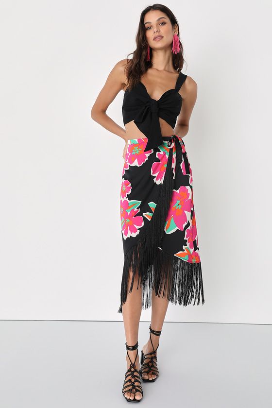 Memorable Vibes Black Floral Print Satin Fringe Midi Wrap Skirt | Lulus (US)