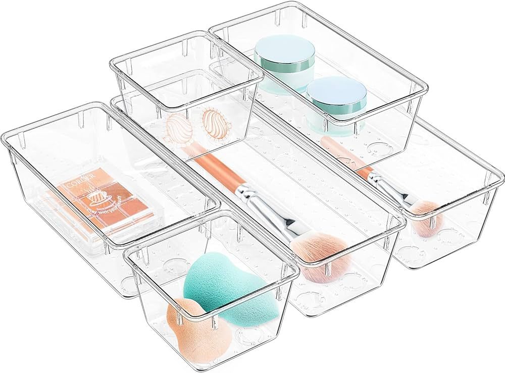 WOWBOX 6 Pack Clear Drawer Organizer Set, Acrylic Drawer Storage Trays, Storage Bins for Makeup, ... | Amazon (US)