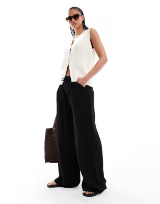 Stradivarius Tall wide leg crinkle tie waist trouser in black | ASOS | ASOS (Global)