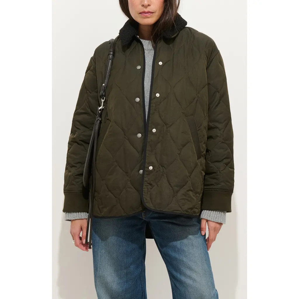 Alex Mill Wembley Quilted Bomber Jacket with Removable Faux Shearling Collar in Olive at Nordstrom, Size Medium | Nordstrom