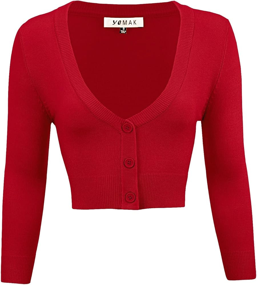 YEMAK Women's Cropped Bolero Cardigan – 3/4 Sleeve V-Neck Basic Classic Casual Button Down Knit... | Amazon (US)