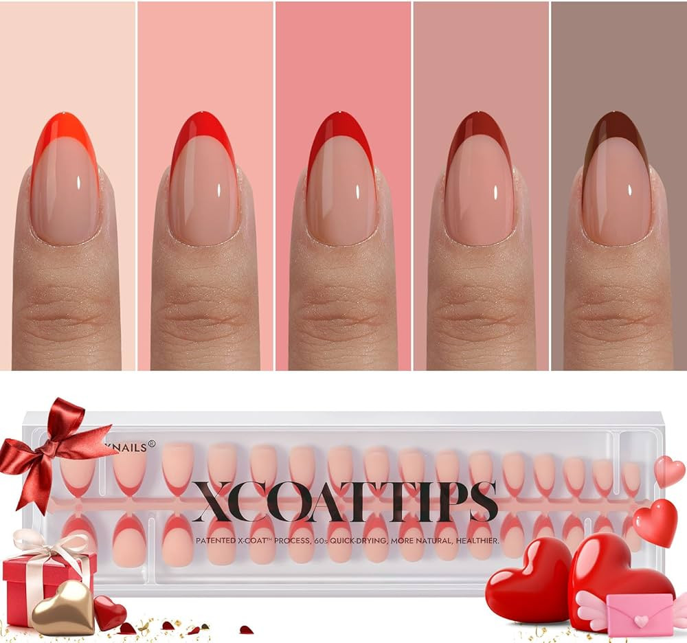 BTArtboxnails XCOATTIPS French Tip Press on Nails - Red Press On Nails Short, Valentines Almond F... | Amazon (US)