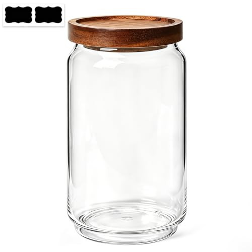 ComSaf Glass Jar with Acacia Wood Lid 34oz 1Pack, Food Storage Container | 1.1Qt Canister, Oats Coffee Sugar Pasta Candy Cookies Nut, Kitchen Pantry, Decorative, Countertop Display, Food-Grade, Label | Amazon (US)
