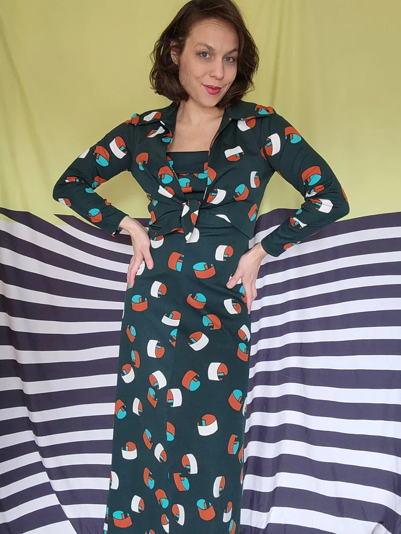 70's Green Novelty Print Maxi Dress with Cropped Bolero | Etsy (Global)
