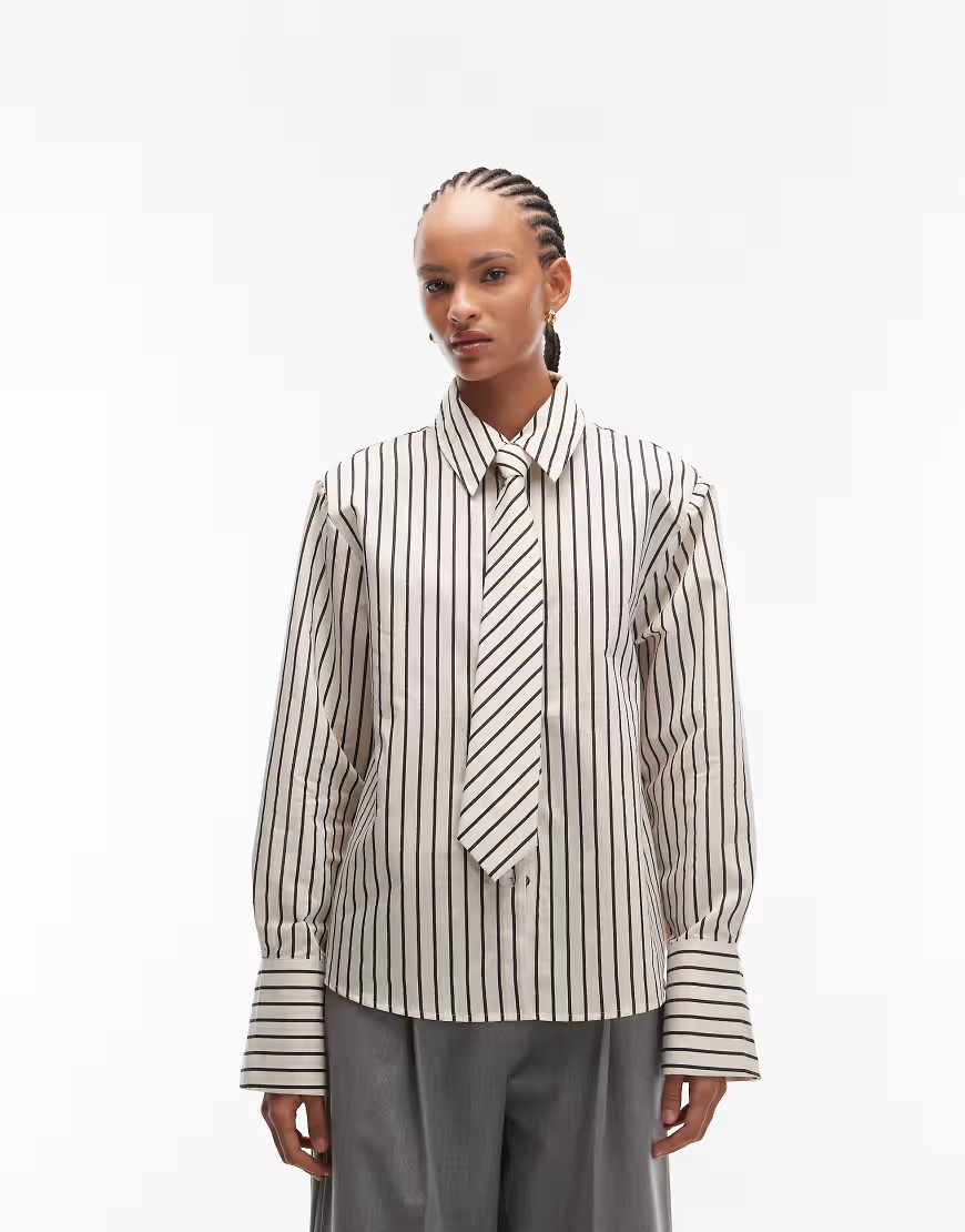 ASOS DESIGN boxy striped shirt with shoulder pads and tie-White | ASOS (Global)