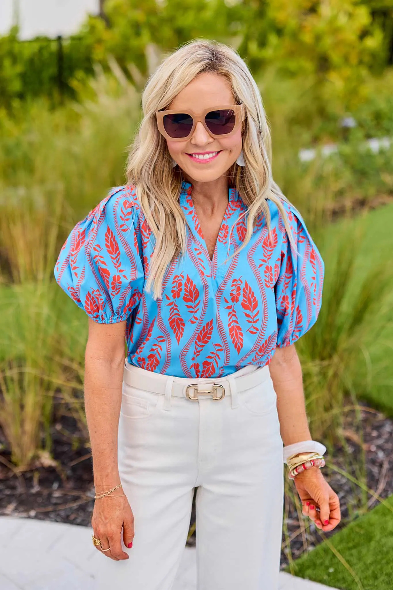 Blue Printed Puff Sleeve Top | Avara