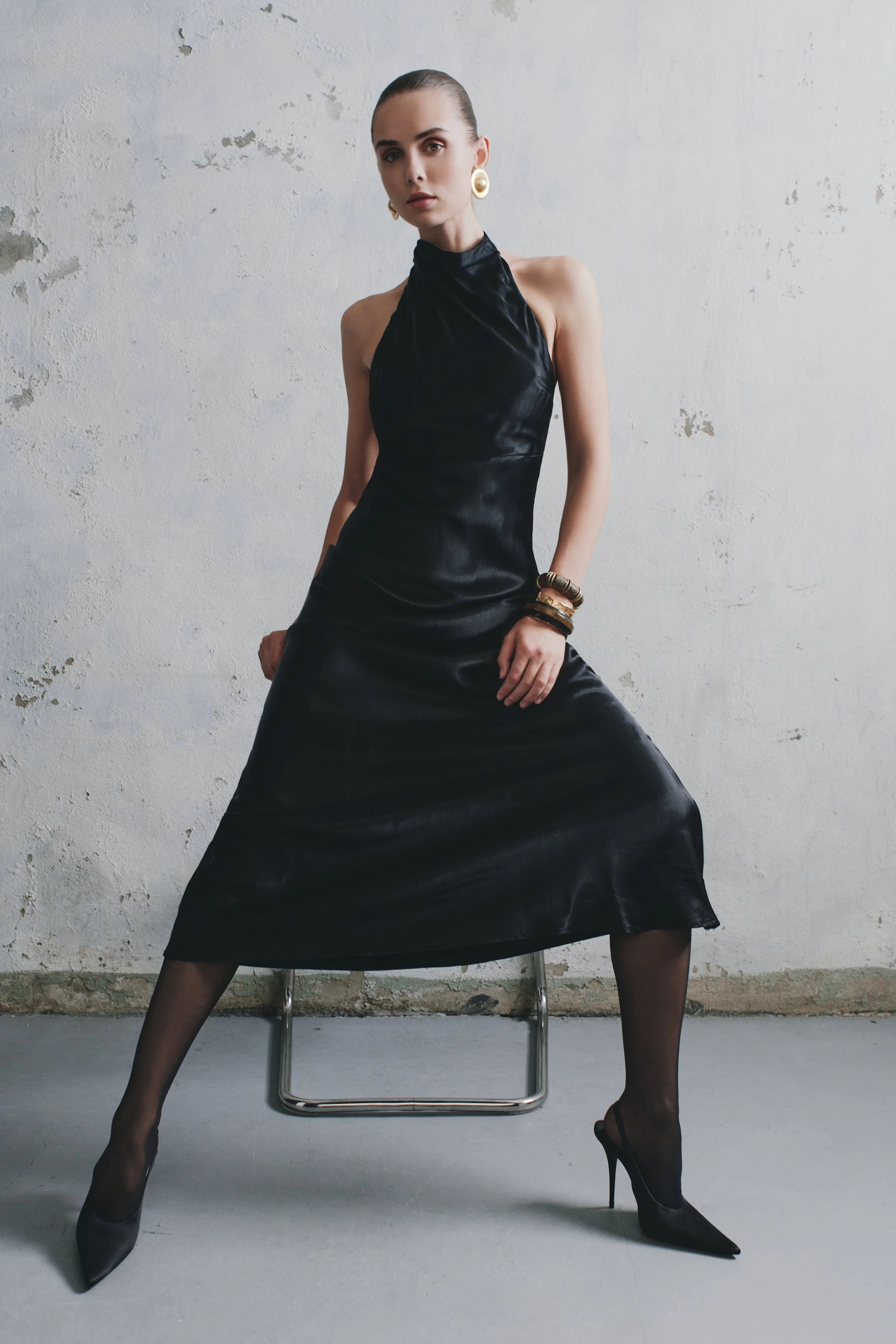 Esther Iridescent Satin Cowl Maxi Dress - Black | MESHKI US