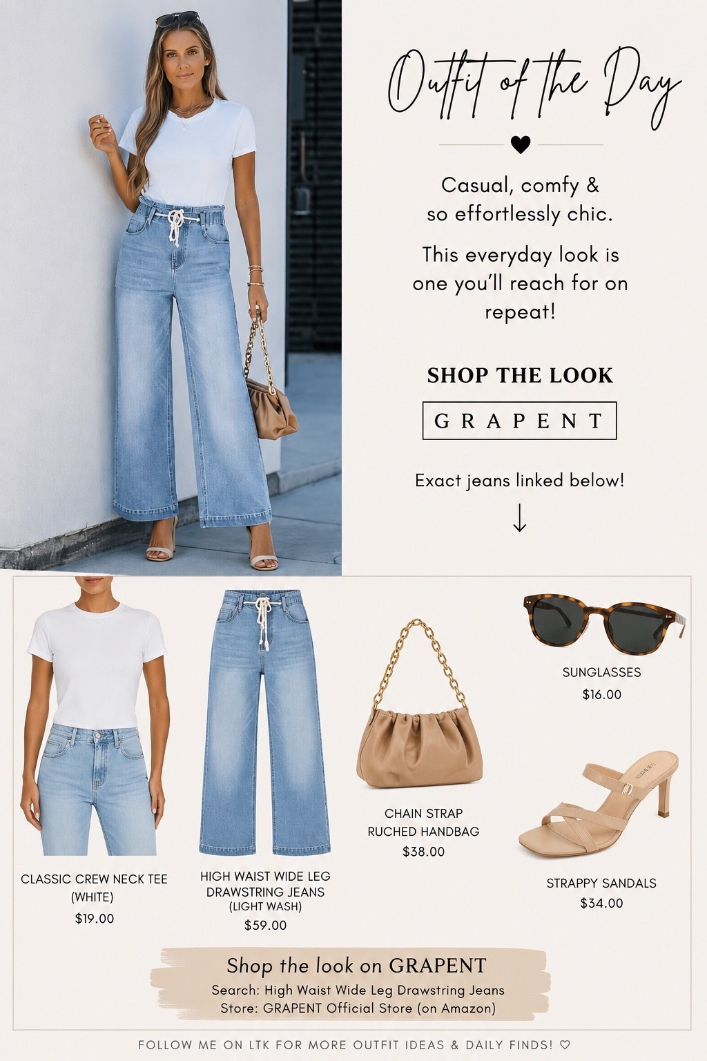 ✨ Outfit of the Day ✨

Some outfits just make getting dressed easy, and this one is definitely on repeat! 🤍 These GRAPENT high-waisted wide-leg jeans are the perfect blend of comfort and style with their flattering fit, drawstring waist, and relaxed silhouette. Paired with a classic white tee, neutral heels, and a chic handbag, it’s an effortlessly polished look that works for lunch with friends, date night, errands, or travel days.

I love finding pieces that look put together without sacrificing comfort, and these jeans check every box! 🙌

🛍️ Shop the exact look linked in my LTK and let me know—would you dress it up with heels or keep it casual with sneakers?

#LTKStyle #LTKFashion #OOTD #GRAPENT #WideLegJeans #CasualChic #EverydayStyle #WardrobeStaples #AmazonFashion #NeutralStyle #EffortlessStyle #FashionFinds #SpringStyle #SummerStyle #EverydayWithRhonda #LTKUnder50