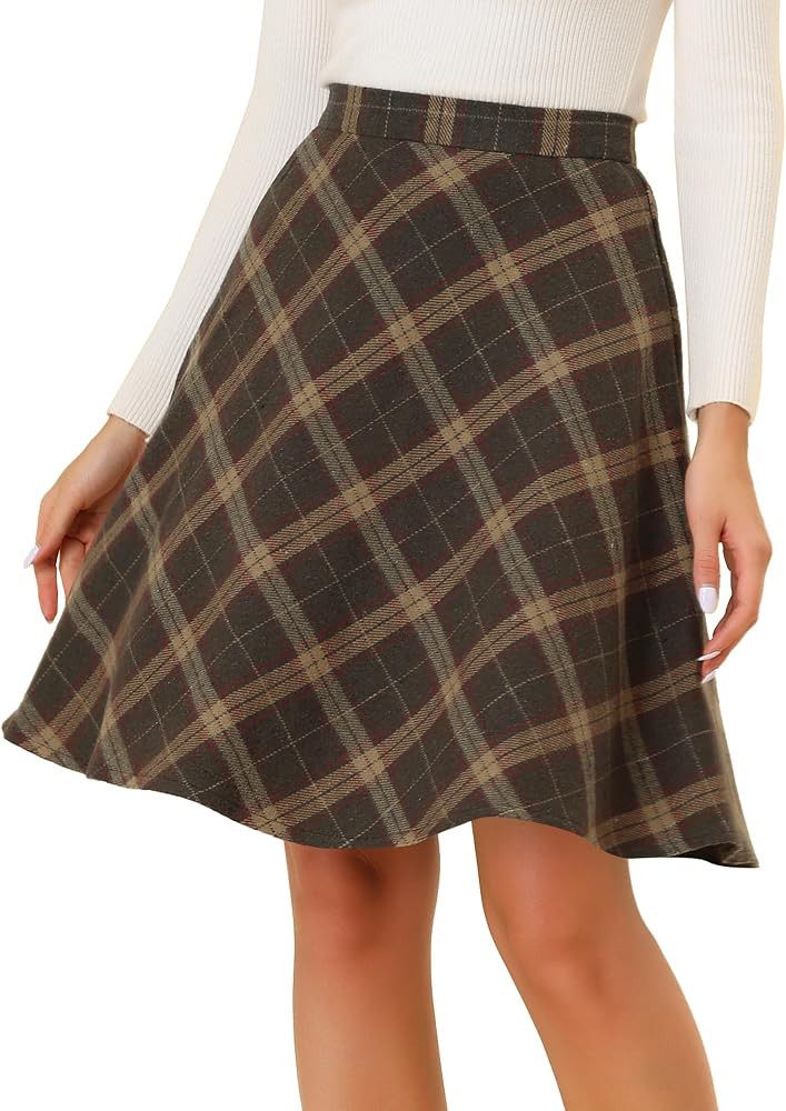 Allegra K Women's Plaids Vintage Tartan Elastic Waist Knee Length A-Line Skirt | Amazon (US)