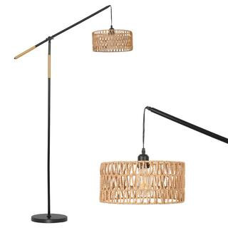 TOZING 68 in. 1-Light Black Modern Rope Adjustable Swing Arm Floor Lamp with Rattan Shade Marble ... | The Home Depot