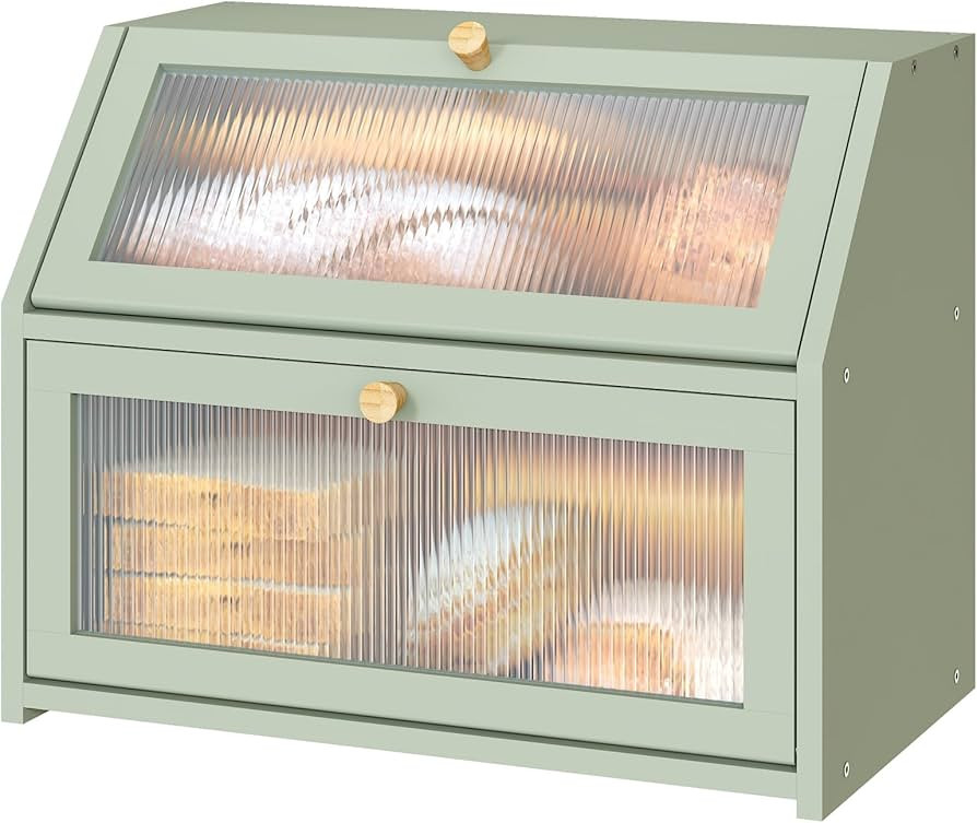 Green Bread Box for Kitchen Counter, Large Bamboo Wood Double Layer Bread Box, Wooden Bread Stora... | Amazon (UK)