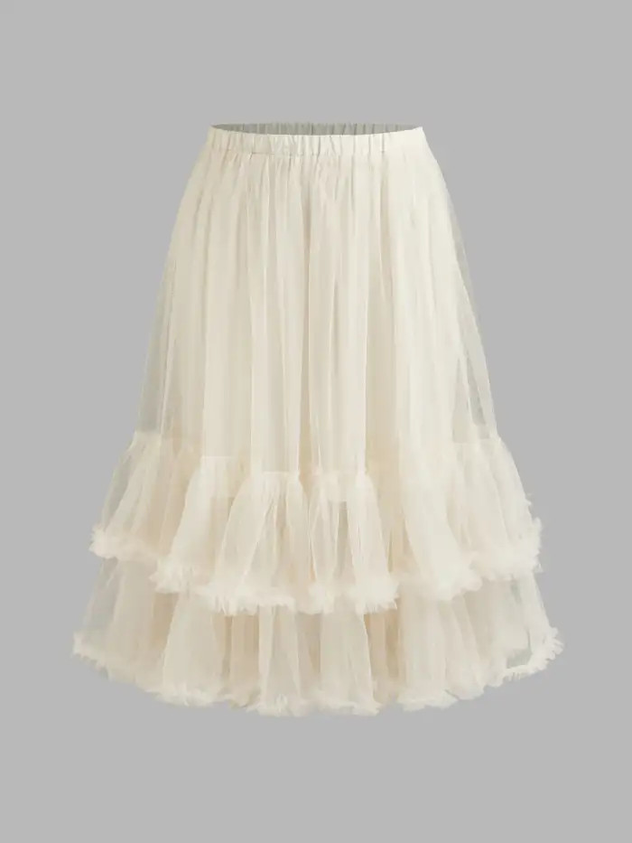 Voluminous Mesh Mid Rise Layered Tulle Ruffle Hem Solid Maxi Skirt Curve & Plus | Cider