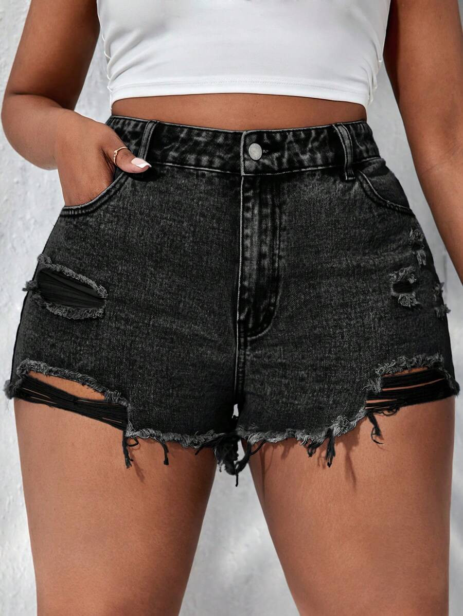 Dripcurv Plus Size Plain Denim Shorts, Fashion & Suitable For Summer | SHEIN