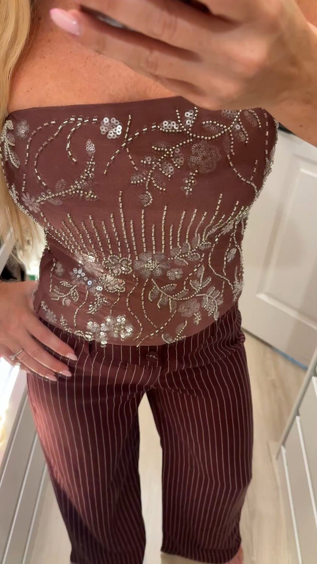 Sparkly sequins burgundy top and stripe burgundy pants! Such a cute combo! Both fits perfectly. Pants are perfect length for 5’6. Nordstrom find! 

#LTKootd #LTKStyleTip #LTKFindsUnder100