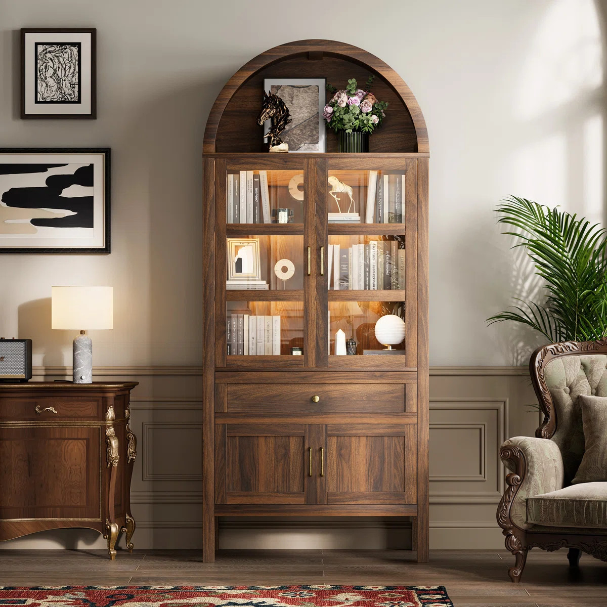 71'' Tall Full Wood Arched Storage Cabinet Adjustable Shelves Bookcase With LED Lights | Wayfair North America