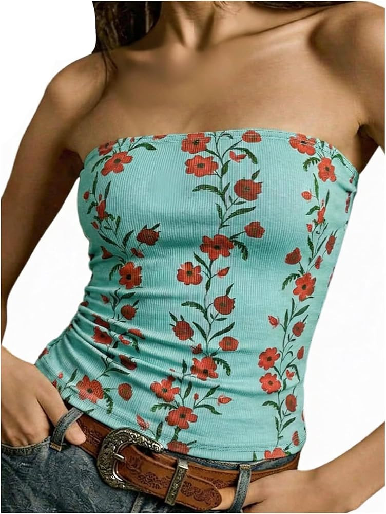 SOLY HUX Women's Floral Tube Tops Ruched Strapless Sleeveless Bandeau Summer Vacation Boho Top | Amazon (US)