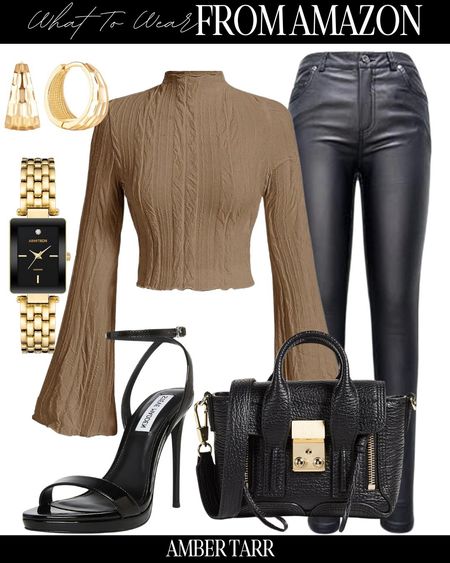 Bell sleeves top with faux leather pants outfit. Luxury bag and gold accessories. 

#LTKover40 #LTKfindsunder100 #LTKfindsunder50
