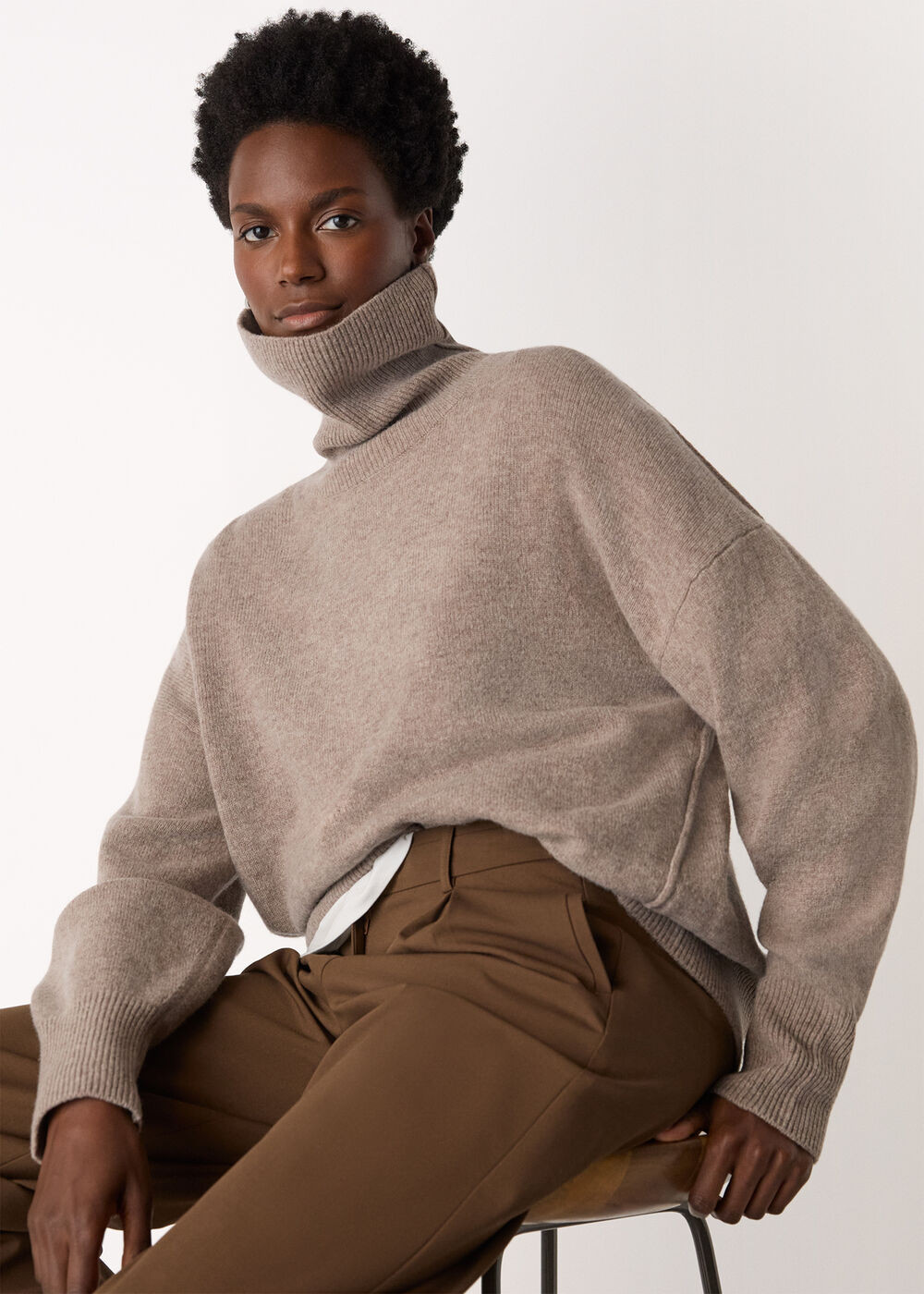 Oatmeal Wool Roll Curved Hem Knit | WHISTLES | Whistles UK | | Whistles