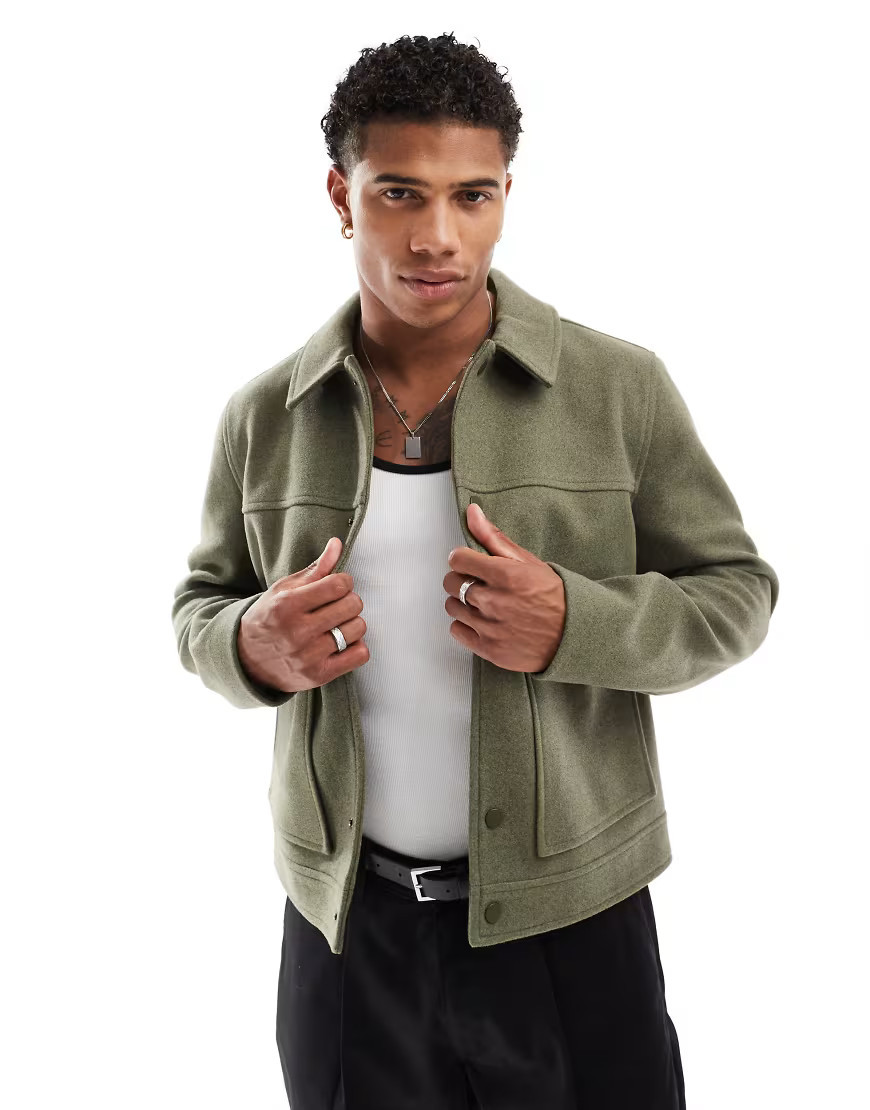 ASOS DESIGN wool look harrington jacket in green | ASOS (Global)