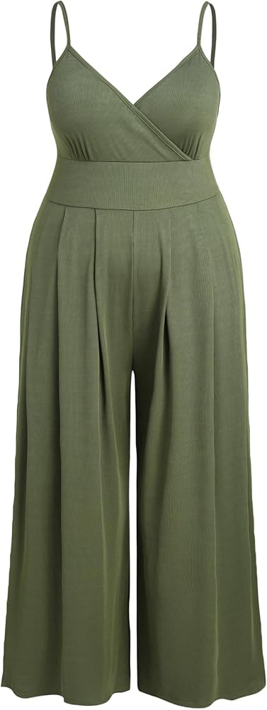 CIDER Plus Size Jumpsuits For Curvy Women V Neck Sleeveless Spaghettis Strap Wide Leg Overalls Ca... | Amazon (US)