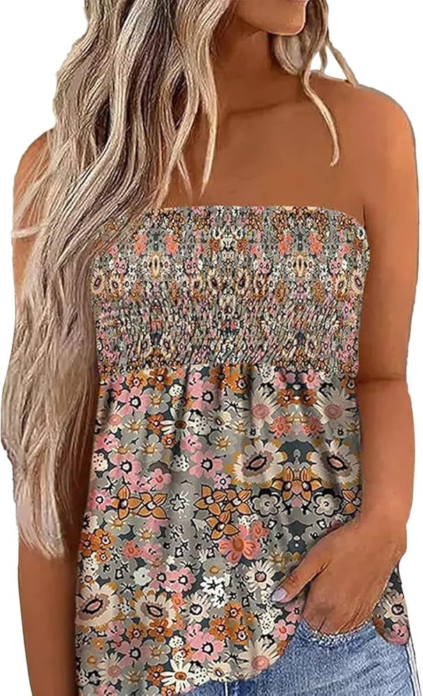 Womens Smocked Strapless Bandeau Top Floral Tube Tops Floral Top Spring Tops 2026 Summer Tops 2026 | Amazon (US)