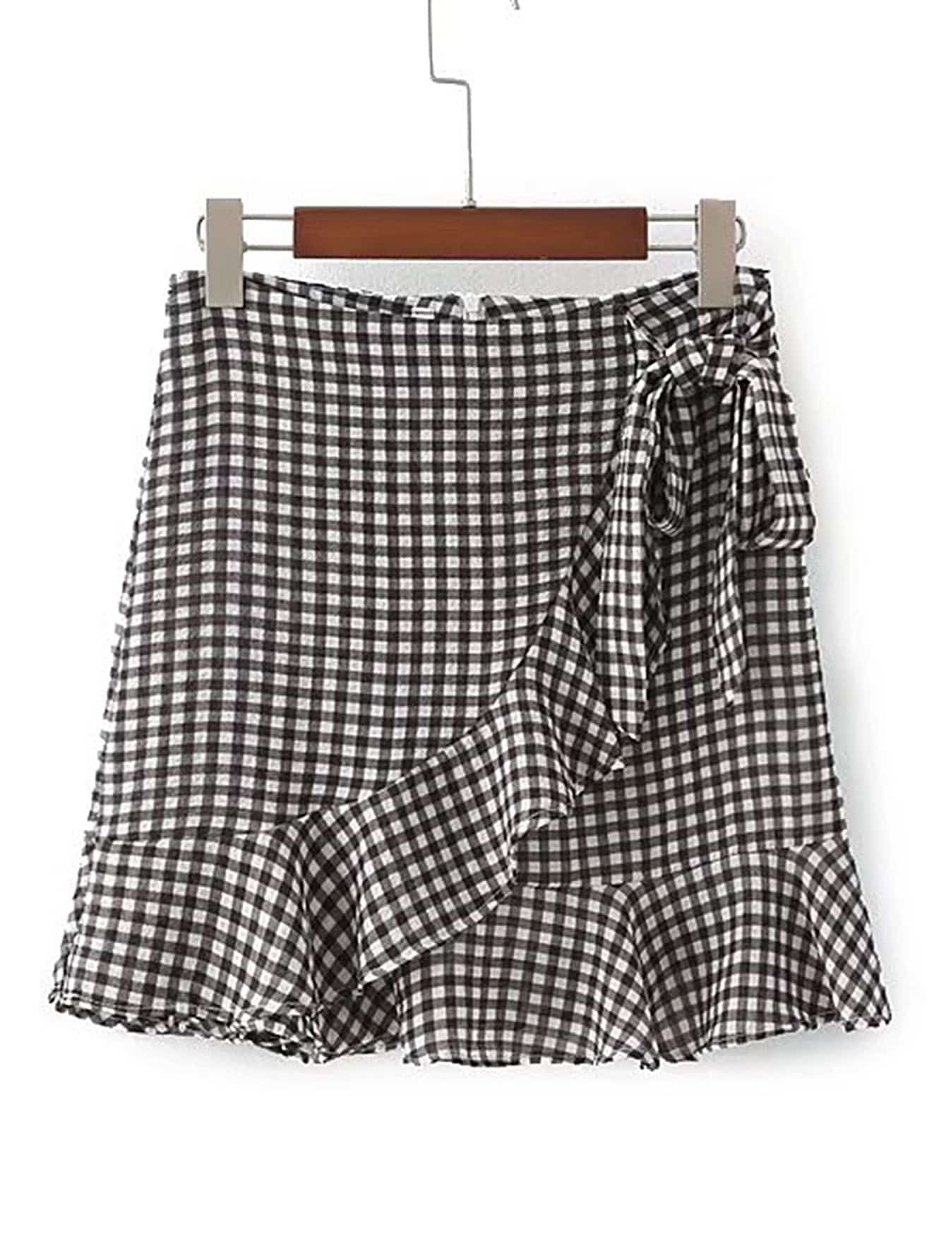Ruffle Trim Knot Waist Checkered Skirt | SHEIN
